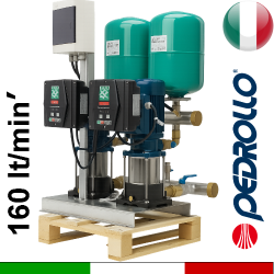 Gruppo aumento pressione idrica con 2 elettropompe Pedrollo ad asse verticale mk serie 3 gestite da inverter - alimentazione monofase 230Vac e motori trifase 400Vac collegati in trifase 230Vac