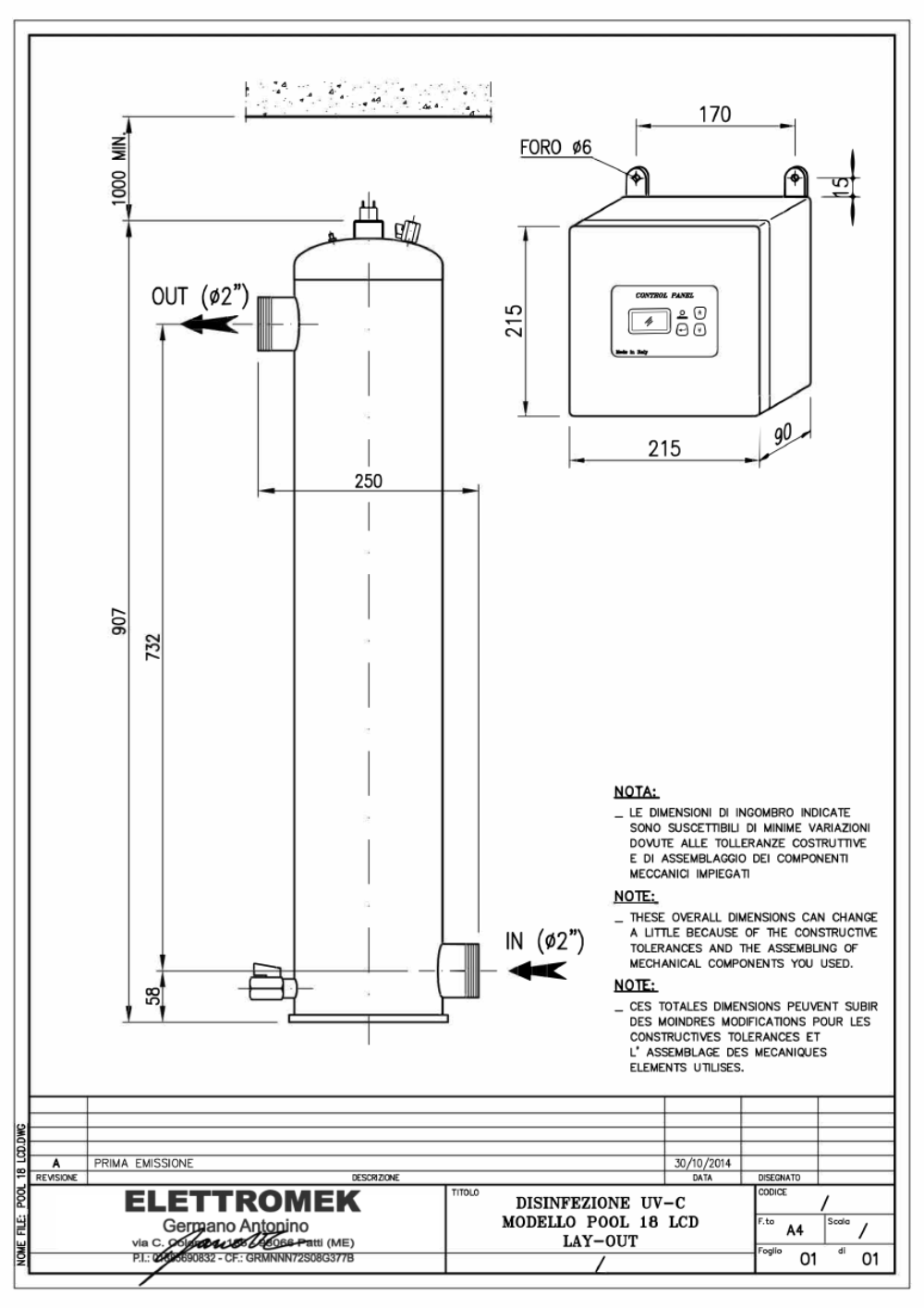 disegno tecnico lampada uv impianto completo per la disinfezione dell acqua di piscina