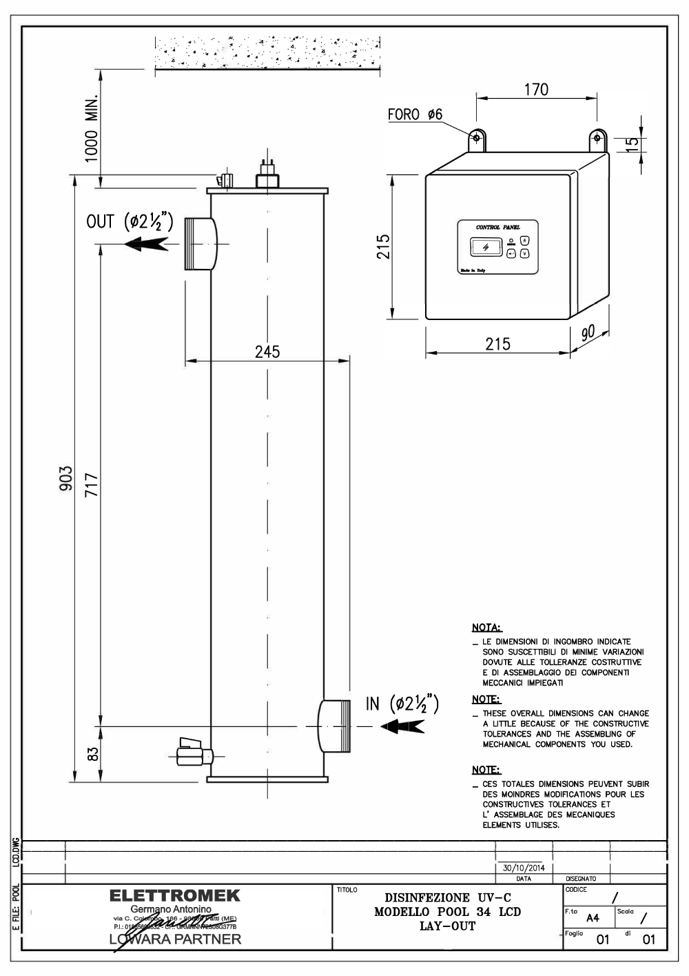 disegno tecnico lampada uv impianto completo per la disinfezione dell acqua di piscina
