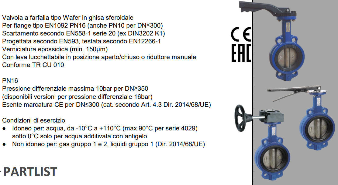 scheda tecnica valvole wafer per acqua
