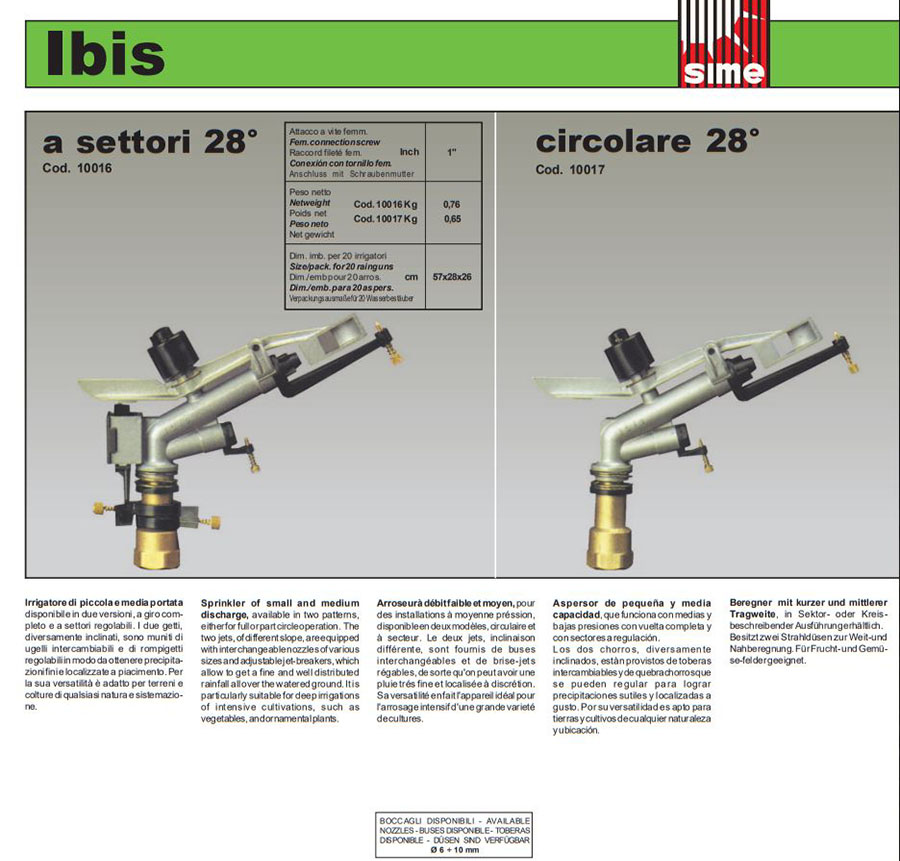pippohydro miglior prezzo piu basso tabella prestazionale degli irrigatori professionali sime ibis irrigazione prato giardino piante ornamentali